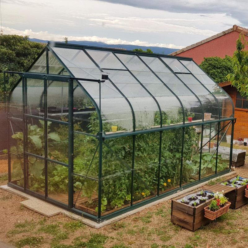Serre de jardin en verre trempé ALOE 9,70 m² - Aluminium laqué vert