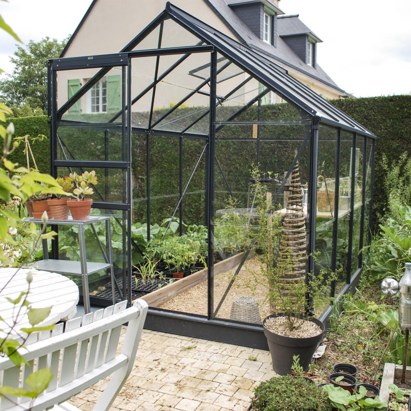 Serre de jardin en aluminium et verre trempé Lams 3,7 m² - Allium gris -  Lams